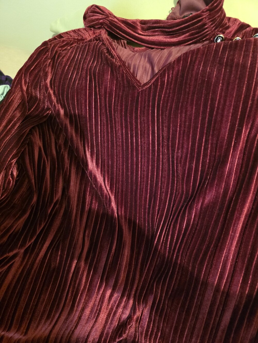 Anthony Pleated Velvet V-Neck Blouse in Burgundy